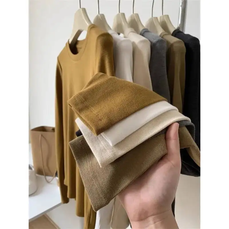 Autumn Winter Imitation Cashmere Bottom T-shirt Women Round Neck Long Sleeve Basic Tops