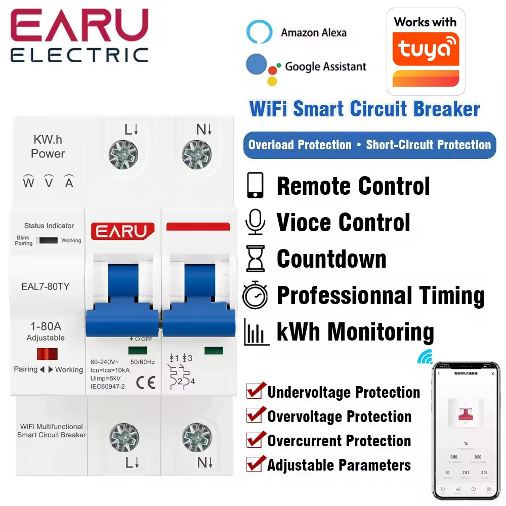 

TUYA WIFI Smart Circuit Breaker MCB 2P 80A Adjustable 230V Energy Meter kWh Over Current Under Voltage Short Circuit Protection