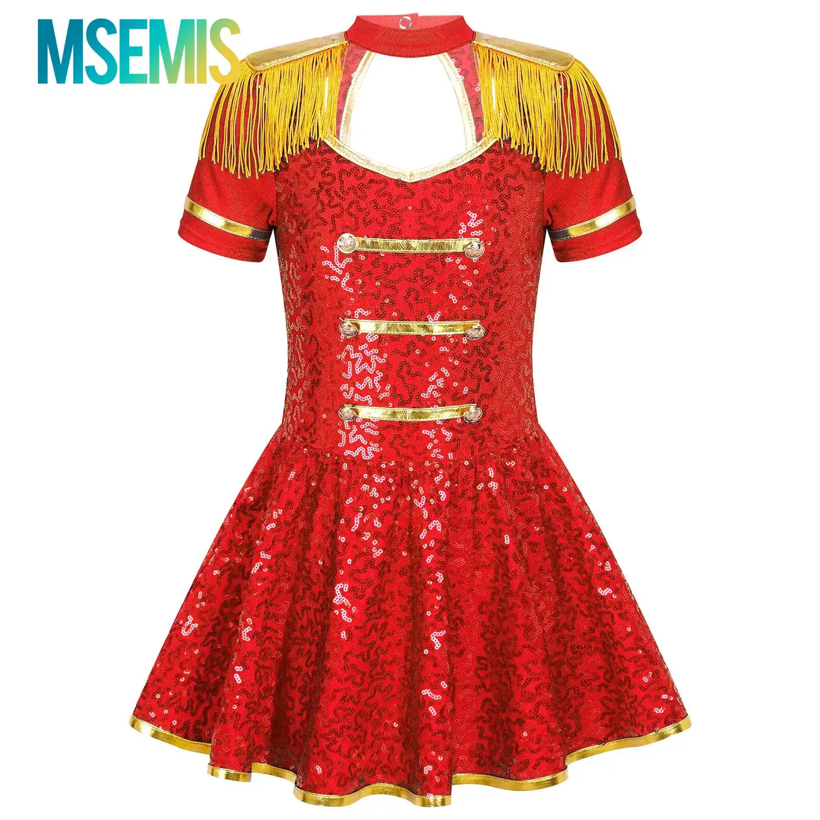 

Kids Girls Circus Ringmaster Director Dress Up Cosplay Costumes Honor Guard Shiny Sequin Gold Tassel Dress Ballet Dance Costume
