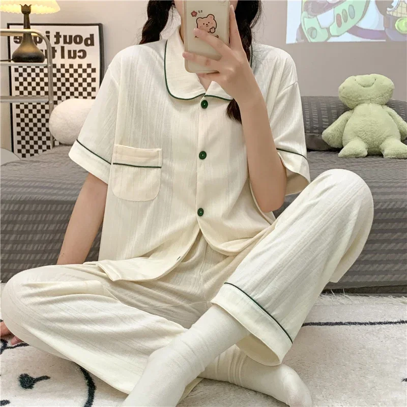 2023 Summer Autumn Cotton Short Sleeve Long Pants Pajama Sets For Women Korean Loose Sleepwear Suit Pyjama Homewear Home Clothes