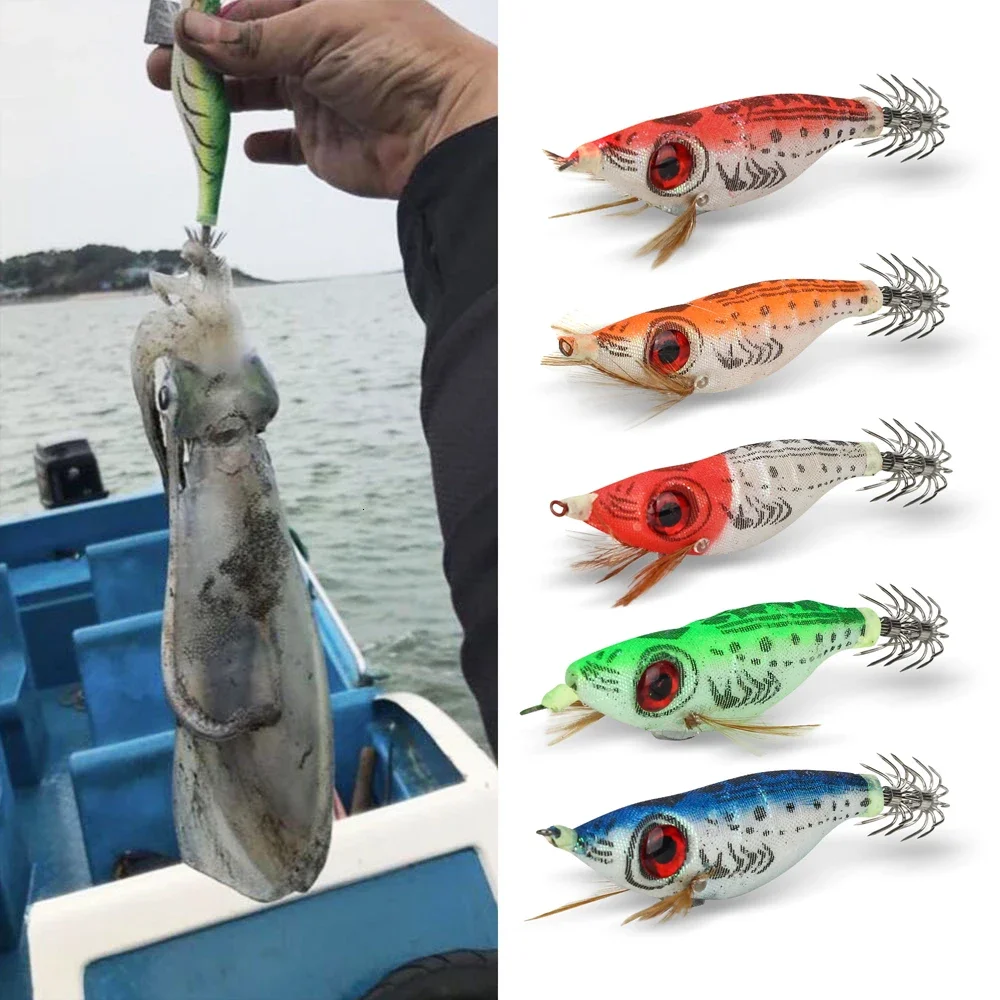 DNDYUJU 5pcs 9g/10cm Fishing Lure Lead Sinker Squid Jig Hook Set Wooden Shrimp Artificial Octopus Cuttlefish Shrimp Hard Bait