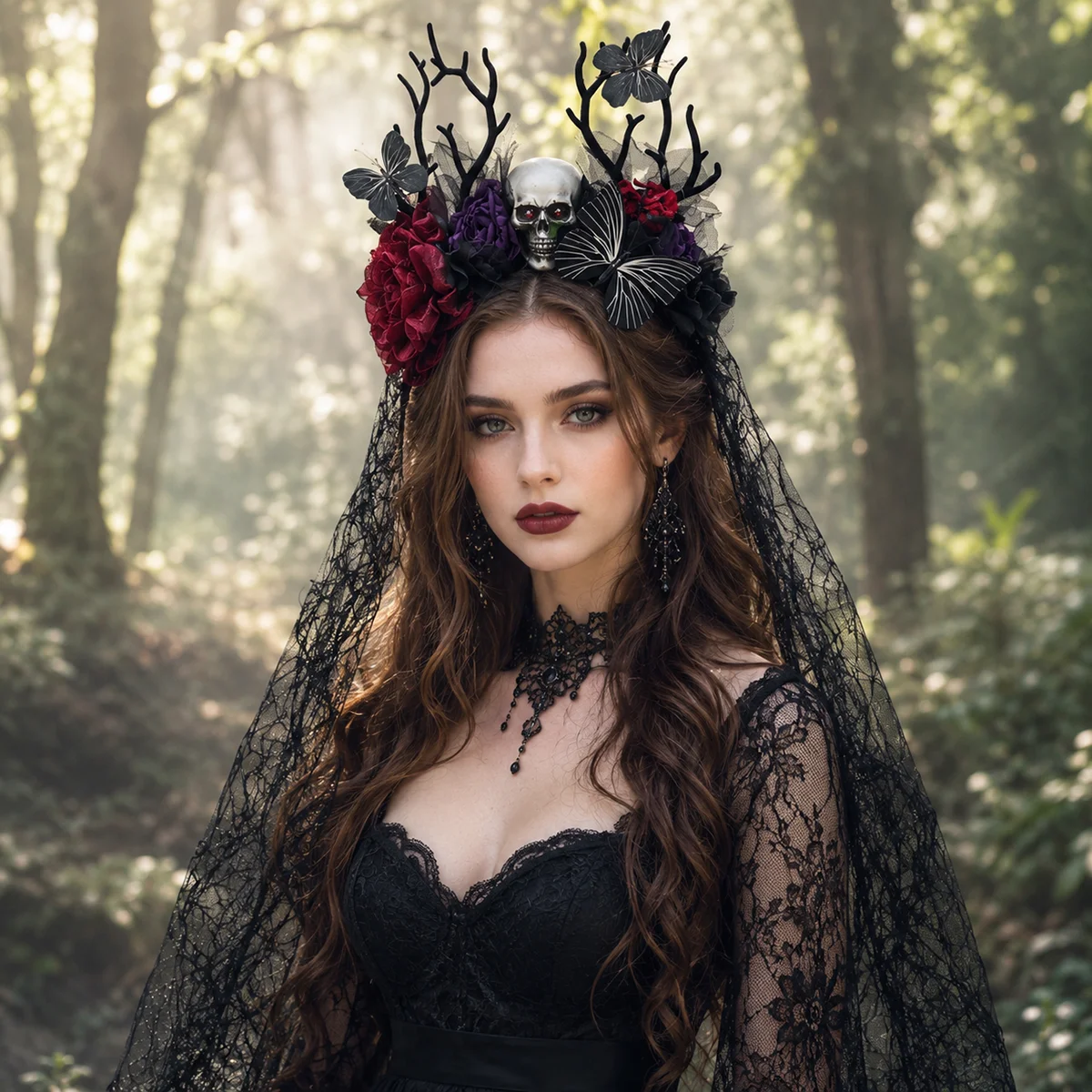 Damen Gothic Geweih-Schädel-Schleier-Stirnband, Schwarzes Spitzen-Rosen-Blumen-Kopfband für Halloween, Vampir-Cosplay, Dunkle Party-Kostüm-Accessoire – Detail 3