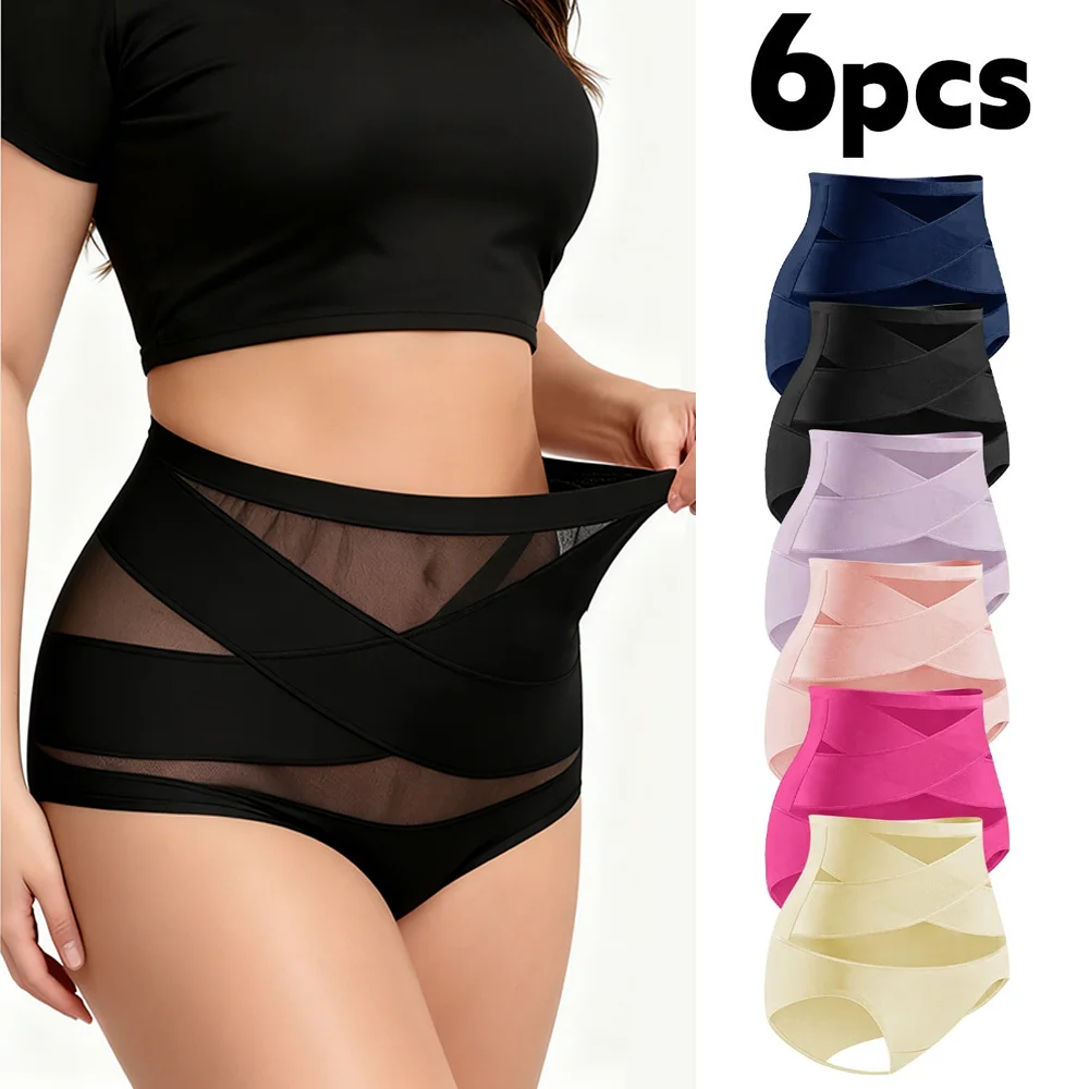 6er-Pack High-Waist Damen-Slips: Atmungsaktive, figurformende Shapewear mit Mesh-Kreuzung, Bauchkontrolle, Eisseide, nahtlos, Triangel-Slips für einen flachen Bauch