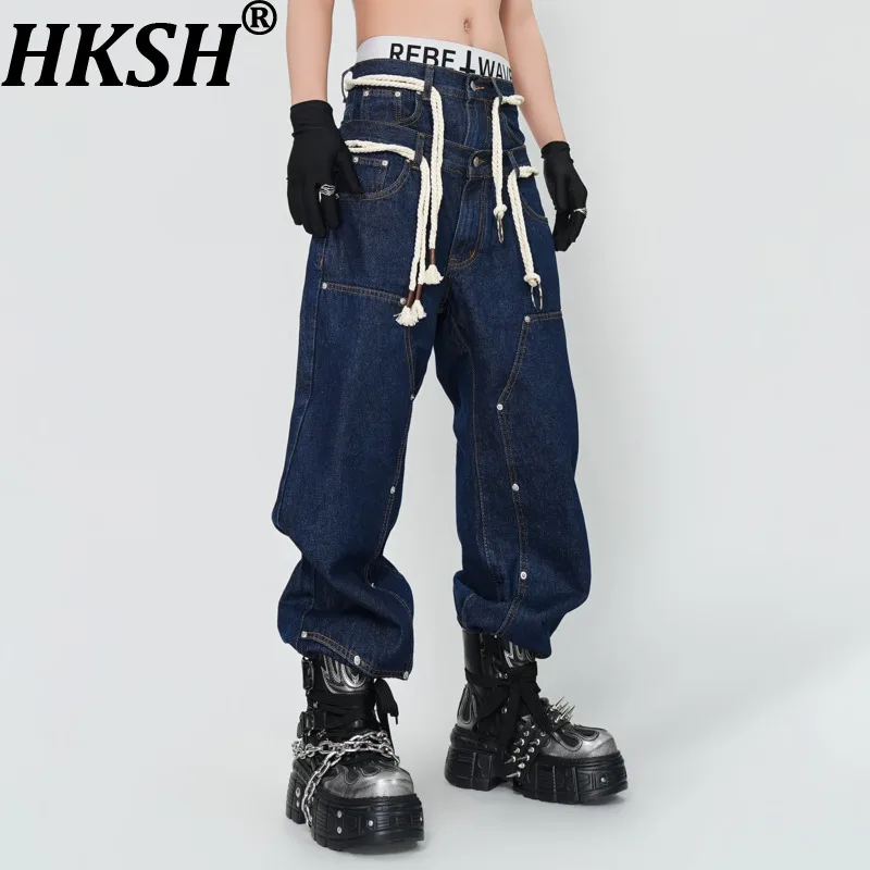 

HKSH Double-waisted Structural Design Safari Style Jeans Men Spring New High Street Retro Wide-leg Straight Denim Pants HK20821