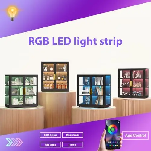 Display Cabinet with Glass Doors and RGB Lights for Collectibles | 34" Curio Cabinet with 2 Adjustable Shelves view 5
