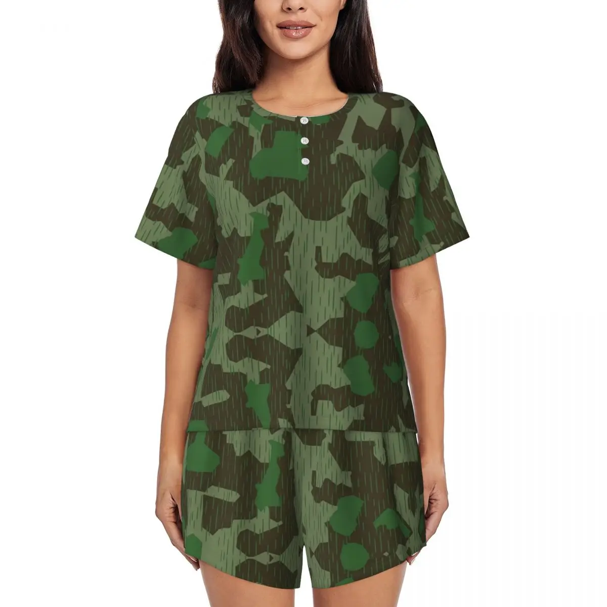

Custom WW2 Germany Military Splinter Camo Pajamas Set Women 2 Piece Short Sleeve Splittertarn Camouflage Sleepwear Shorts Sets