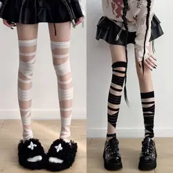 1PC Lolita Bandages Black/White Thin Jk Uniform Cross Straps Long Knee Length Stockings Gothic Sexy Women Tights Bottom Stocking