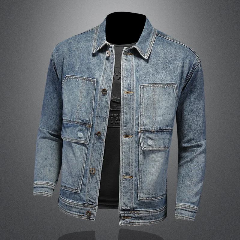 Jaket Denim Katun Kasual Pria Baru Musim Semi 2023 Mantel Jeans Biru Retro Dicuci Ramping Mode Gaya Klasik Jaket Pria Baju Merek