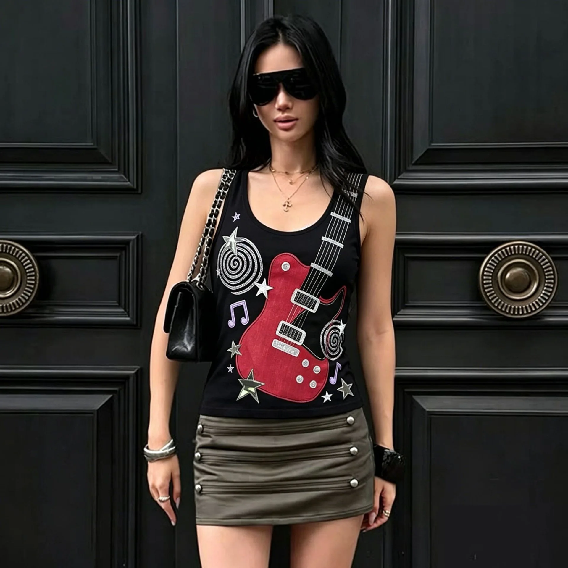 Ins Style Harajuku Rock Guitar Print Sleeveless Crop Vest Individuality Music Patch Graphic Concert Street Casual Outfits Emo
