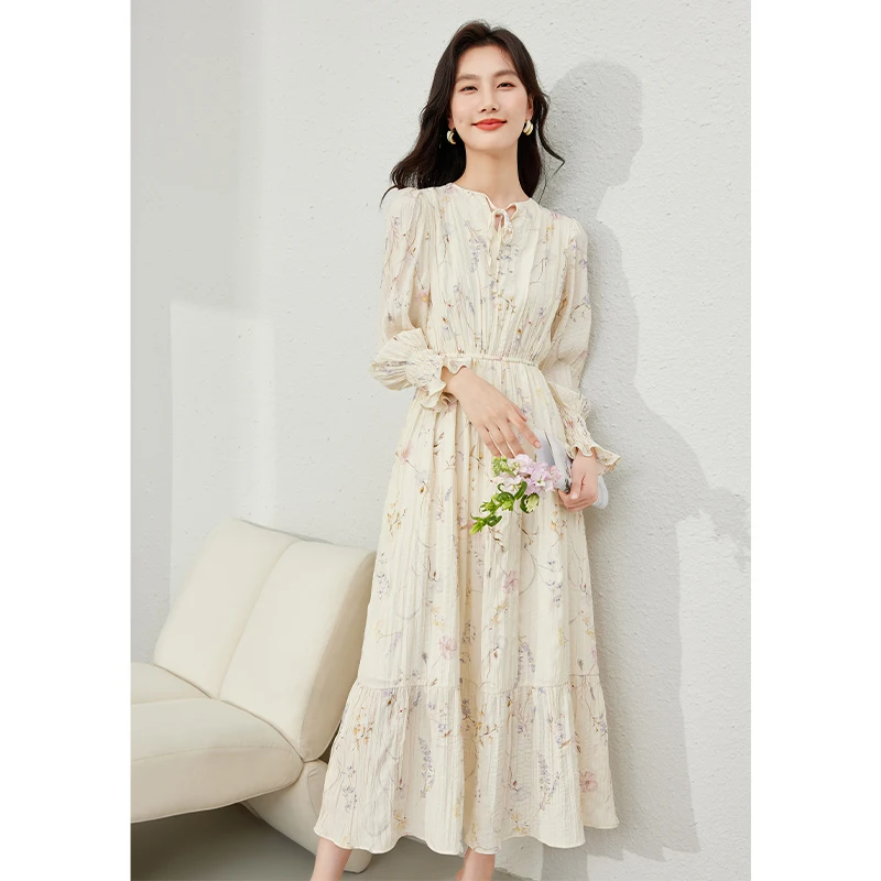 

VIMLY Women's Elegant Commuter Floral Dress Autumn V-Neck With Bandage Printed Pleated Elastic Waist A-Line Party Evening Dress