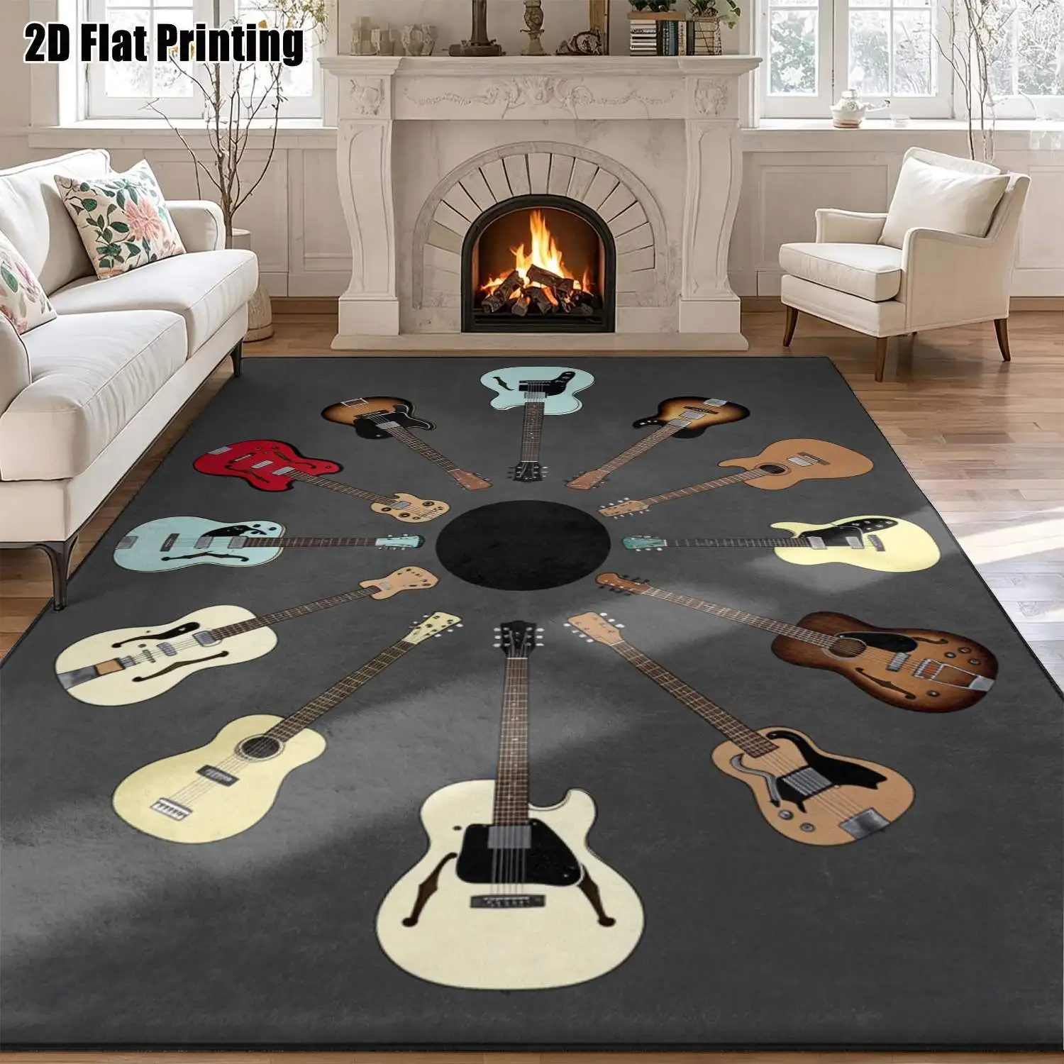 1Pc 2D Printed Colorful Guitar Pattern Carpet, Nordic/Instagram Style, Modern Minimalist Retro Home Decor Floor Mat, Multi-Size, Machine Washable, for Entrance, Dining, Foyer, Living Room, Bedroom