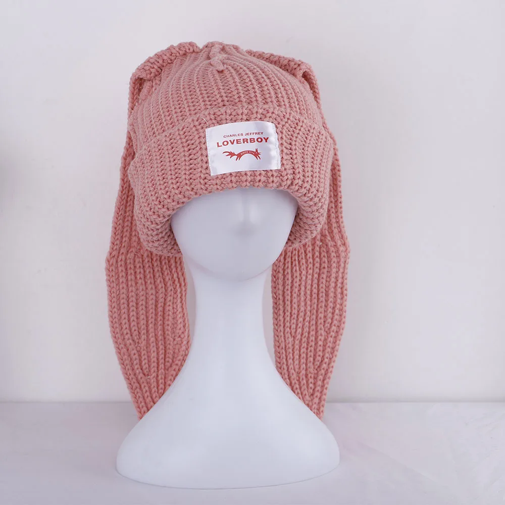 Panama Women's Rabbit Long Ears Cute Knitted Baotou Cold Hat Fashion Thickened Warm Wool Winter Hat Beabie Kpop Crochet Cap H126