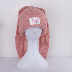 Gorro de punto con orejas largas de conejo para mujer, gorro frío Baotou, gorro de lana engrosado cálido, gorro de ganchillo Kpop, moda Panama, H126