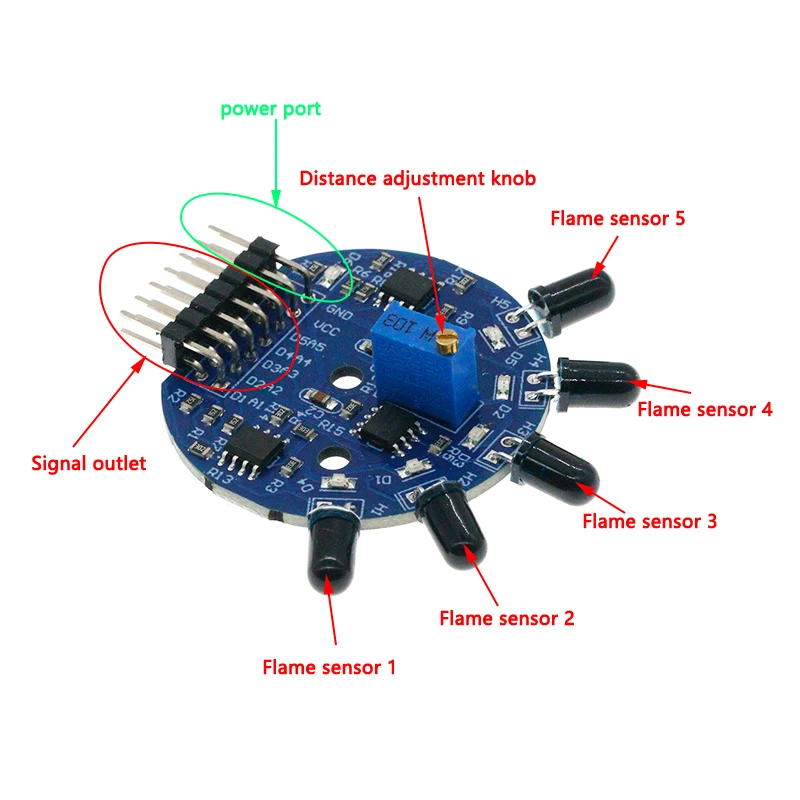 Five-way flame sensor module simulates digital dual output fire extinguishing robot