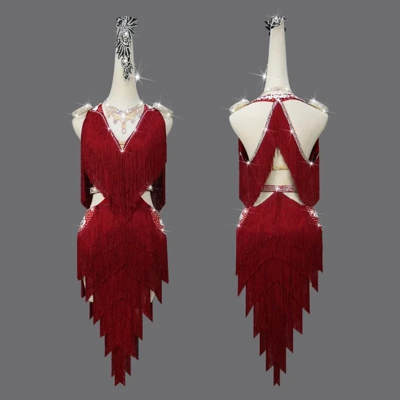 Falda corta con flecos de baile latino rojo para mujer, vestido de competición, ropa Sexy, ropa de práctica de salón profesional, promoción de Samba