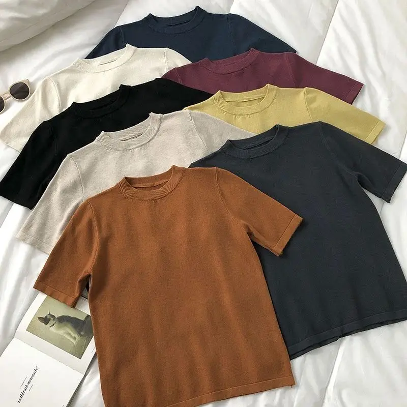 

Корейская женская летняя футболка Sle, повседневная облегающая трикотажная футболка ort Sve One-Ne Line irt Ladies Faion Basic Top