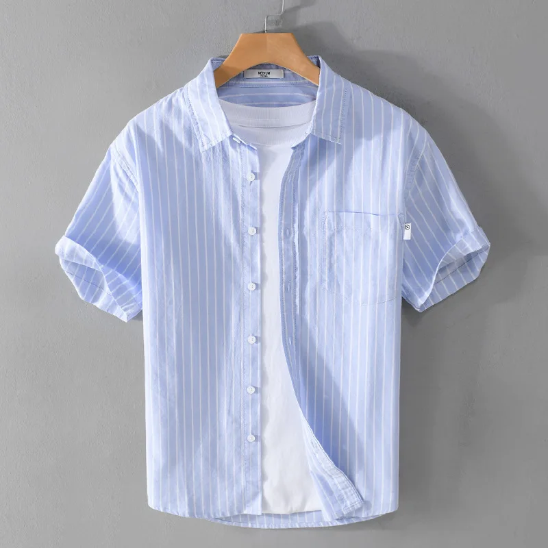 Men's Casual Loose Stripe Short Sleeve Shirt CleanFit  Collar PU Leather Thickened Fleece Mid-aged And Elderly Suitable