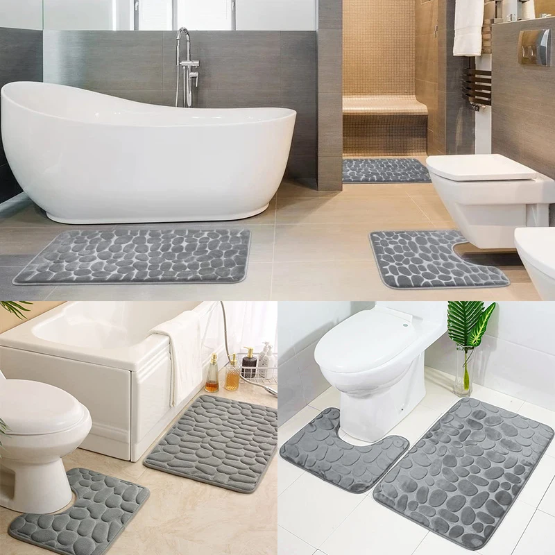 Non-Slip 50 x 80 cm Bath Mat and 50 x 40 cm Toilet Mat 2-Piece Bathroom Rug Set Soft Bath Mat with Cobblestone Pattern Washable