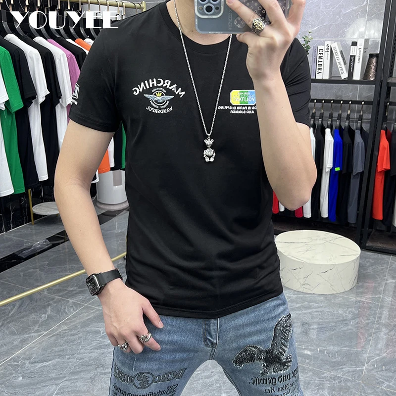 T-shirt Men\'s Embroidered Round Neck European Fit Bottom Shirt Streetwear 2023 Summer Trend Clothing Young Male Green Tees M-5xl