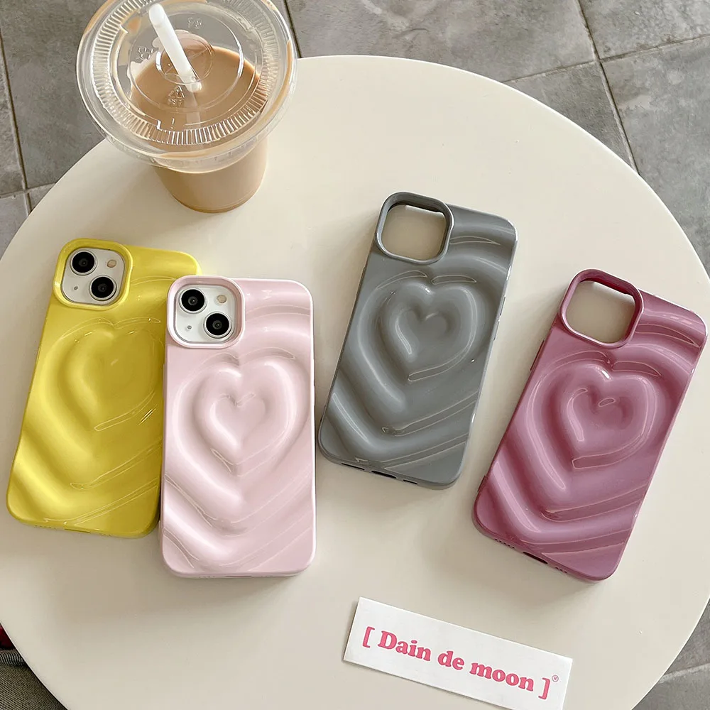 Korean Glossy Heart 3D Case For iPhone 12 13 14 Pro Max Fundas Wave Shape Creative Soft Back Cover Shell for iPhone 11 15 Coque