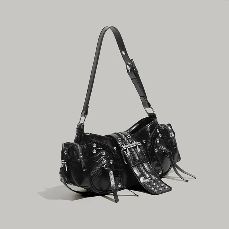

Мотоциклетная сумка на плечо подмышками, байкерская поясная сумка с заклепками в стиле панк, черная сумка в стиле ретро, женская косая модная сумка Cool Tide C32