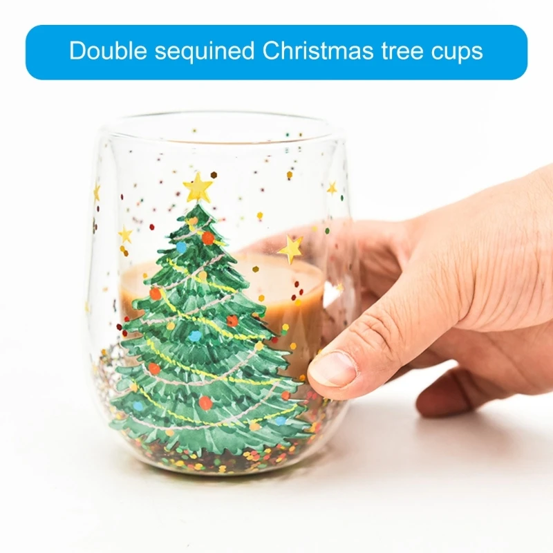 Seasonal Double Layer Glass Unique Festival Double Layer Glass Cup with Christmas Tree Sequins for Home and Office