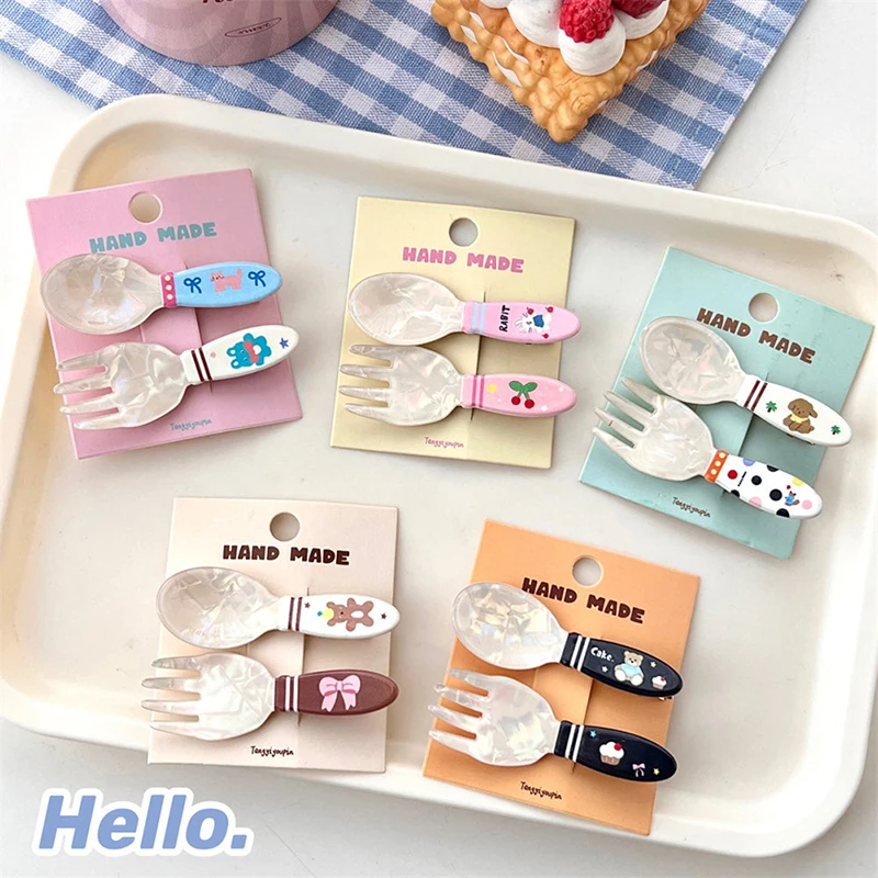 2Pcs/set Fashion Acrylic Spoon Fork Cake Hairpin Creative Cute Duckbill Clip Bangs Clip For Women Girl Kawaii Hair Accessories