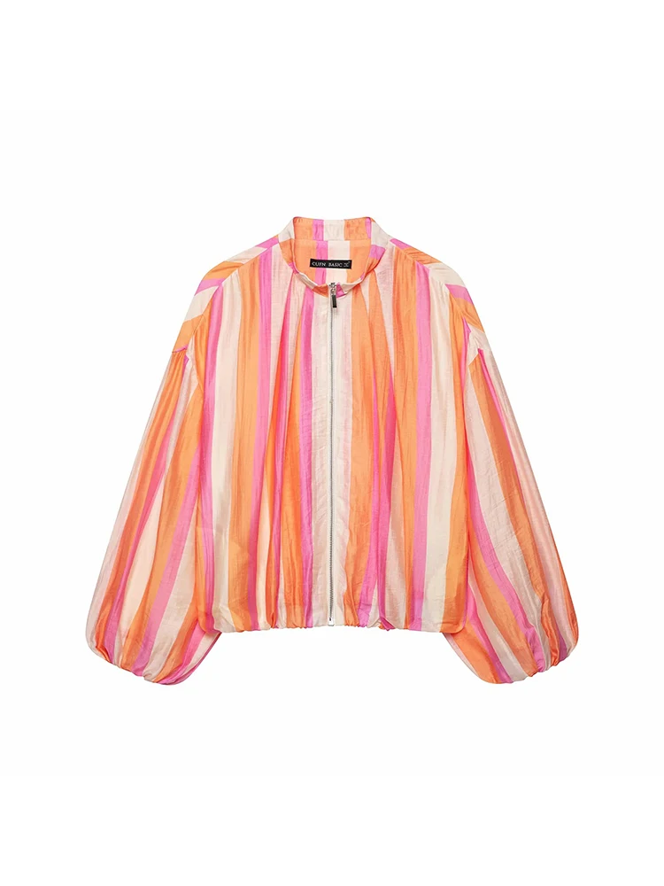 Women Casual Striped Pilot Jacket Autumn Women Long Sleeve Stand Collar Lightweight Loose Jacket Female Streetwear
