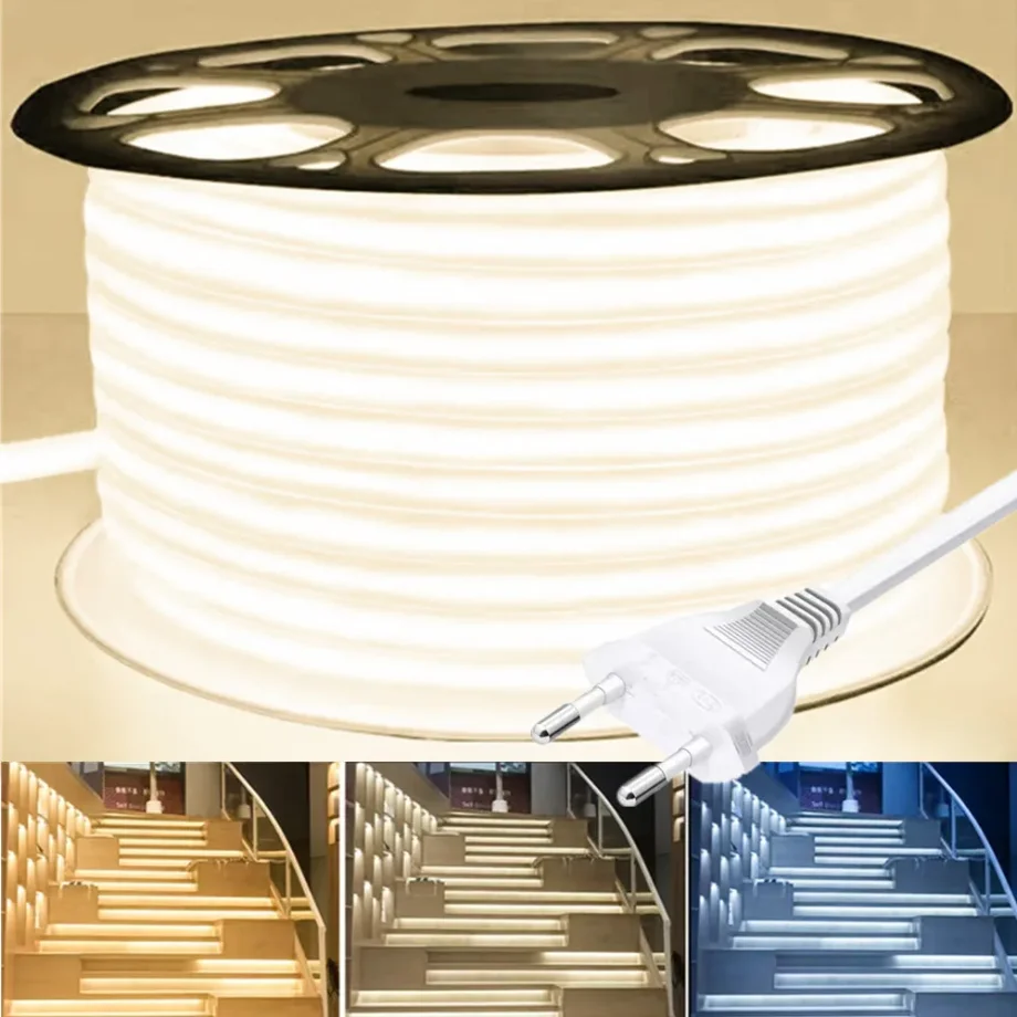 AC220V 288LEDs/M RA90 COB LED Strip 3000K 4000K 6000K IP65 Waterproof EU Plug Outdoor Garden Bedroom Kitchen Decor Lamp