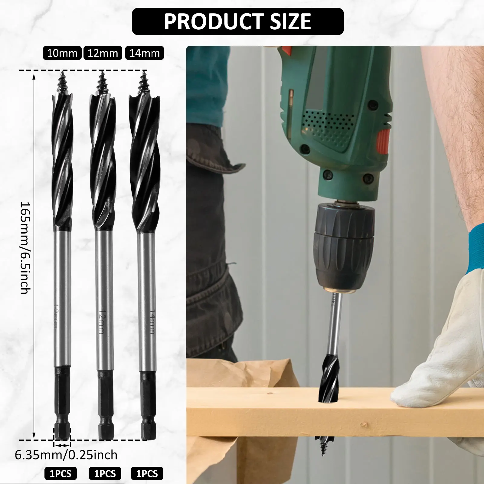 10/12/14mm Set di punte da trapano a coclea Punta da trapano elicoidale per legno Taglio rapido Coclea Falegname Strumento Foro per legno Punta da trapano Strumento per la lavorazione del legno