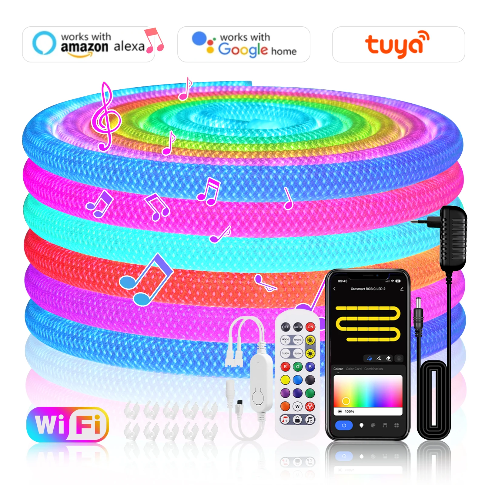 Tuya-Bande de néon RVB adressable, diode, pixel, lumière LED, fonctionne avec Amazon Alexa, étanche IP67, WIFI, DC, 5V, WS2812B