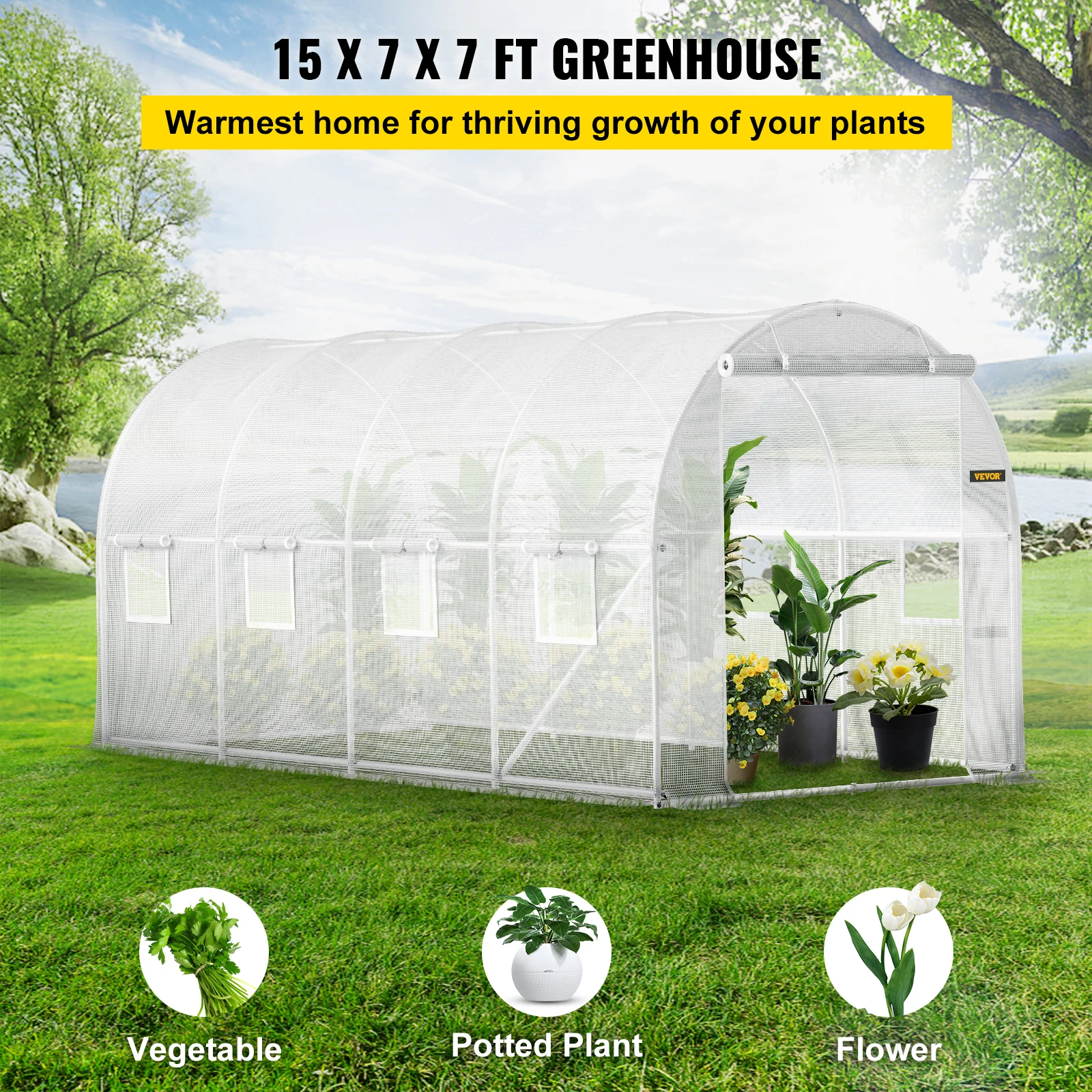 VEVOR 15x7x7ft Portable Walk-in Tunnel Greenhouse with Galvanized Steel Hoops 1 Top Beam Diagonal Poles 8 Roll-up Windows White