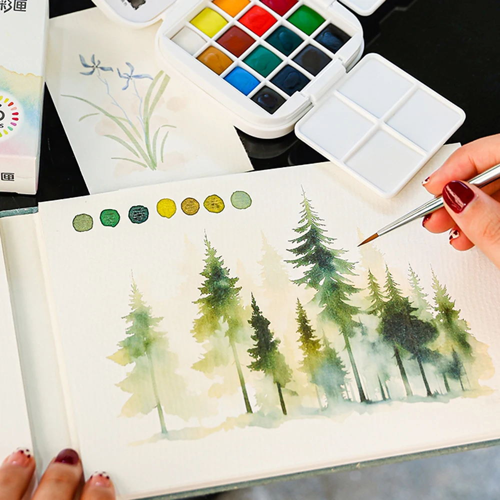 مجموعة ألوان مائية صلبة صغيرة محمولة مكونة من 16 لونًا مع فرشاة ولوحة صندوق رسم للسفر لرسم الرسم الفني