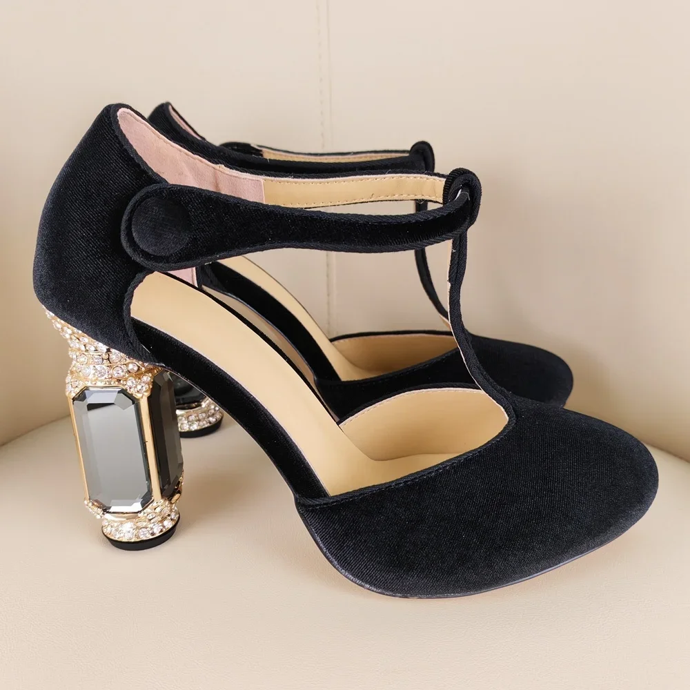 Velvet Round Toe Women Heels Pumps Chunky High strap Buckle  Daily Large Crystal Sandals Summer Luxury Black Party Lady Shoe