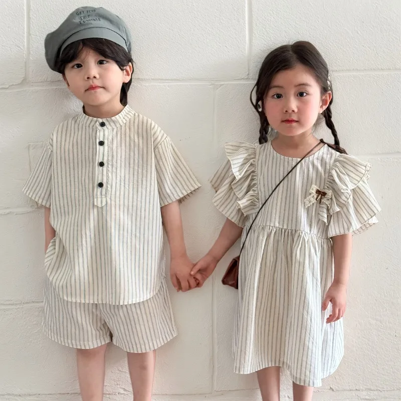 

Children's Summer Set, Boys' Short Sleeved Striped 2025 New Summer Outfit, Baby's Pure Cotton Girls' Dress, Siblings' Outfit