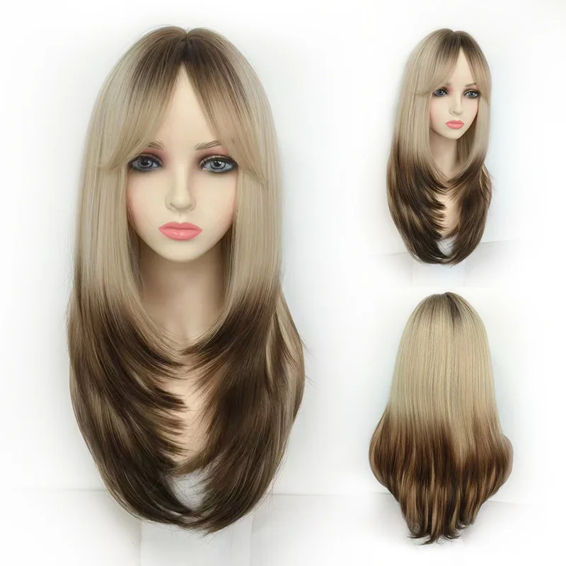 

Gold gradual change brown wig figure eight long bangs long curly hair hot sale Wig European and American rose net matte