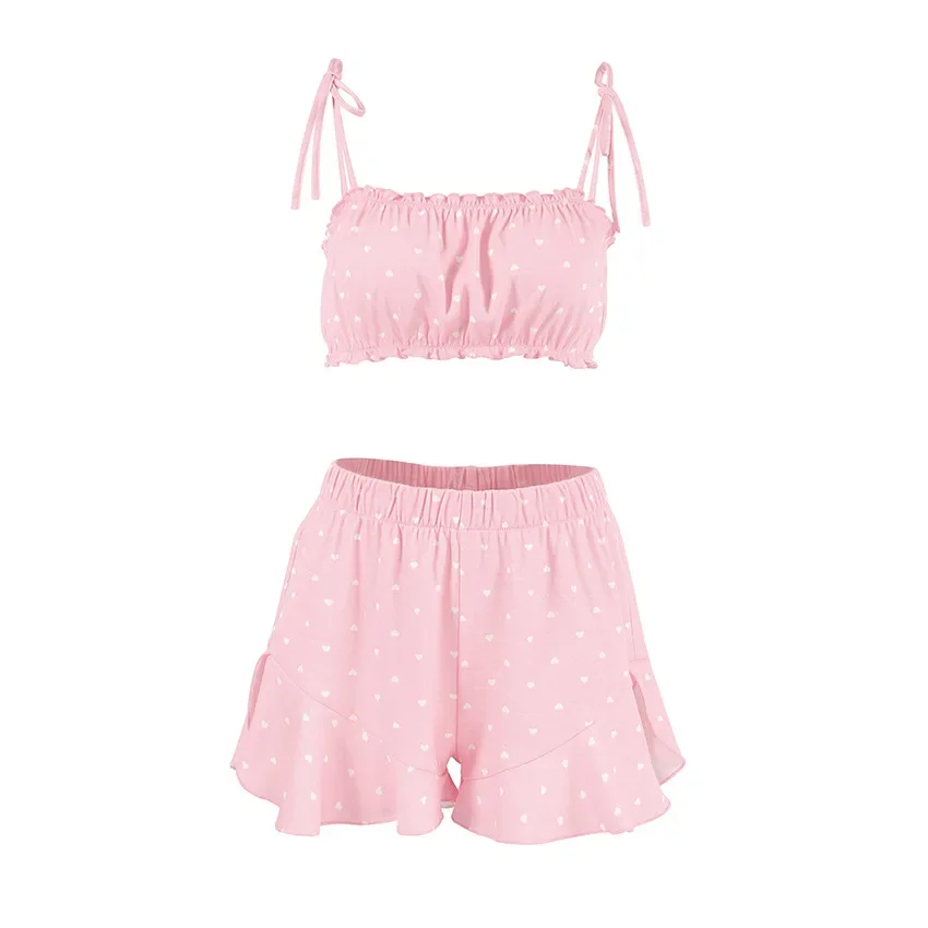 2024 Pink Knitted Hollow Heart Printed Jacquard Suspender Shorts Pajamas Set Women's Home Clothes Sleepwear Women