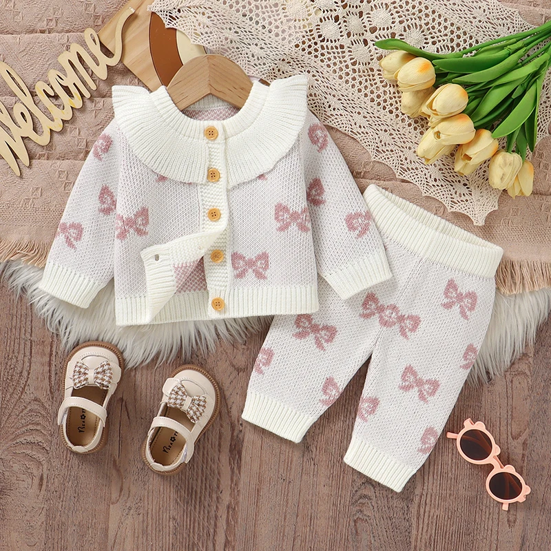 Baby Clothes Sets Knitted Infant Girls Sweater Pants Long Sleeve Warm Autumn Newborn Children Cardigan Cute Bows +Trousers 2PCS