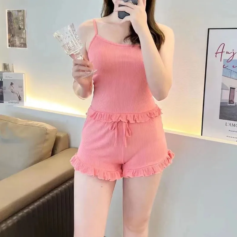 Ladies New Style Summer Solid Color Elegant Trendy Pajamas Sexy Strap Hot Girl Shorts Two Piece Set Home Suit Set Fan Edge Short
