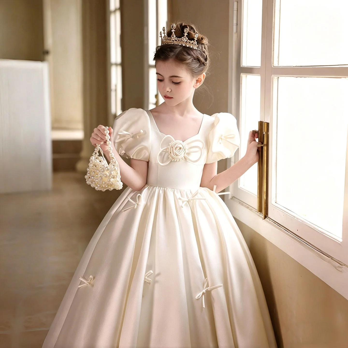 

Satin Girls Dress Square Neck Puff Sleeve 3D Flower Bows Ball Gown Flower Girl Dress Wedding First Communion Dress Kids Elegant