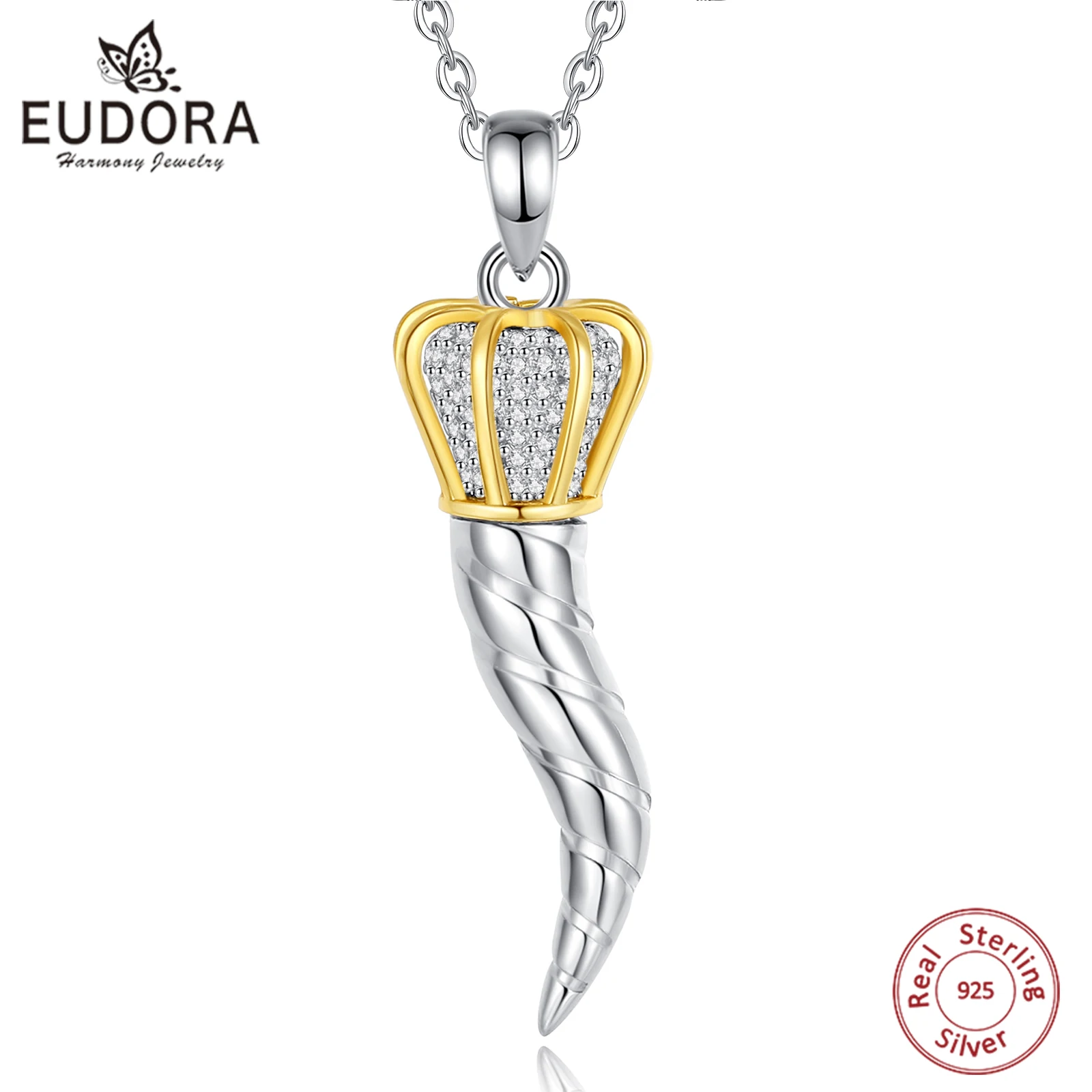 Eudora 925 Sterling Silver Italian Horn Necklace for Women Men Good Luck Charm Cornicello Amulet Pendant Fine Jewelry Gift