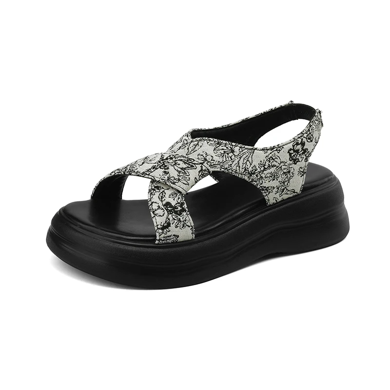 Summer casual round toe comfortable thick bottom printed one-piece buckle cross strap women's sandals