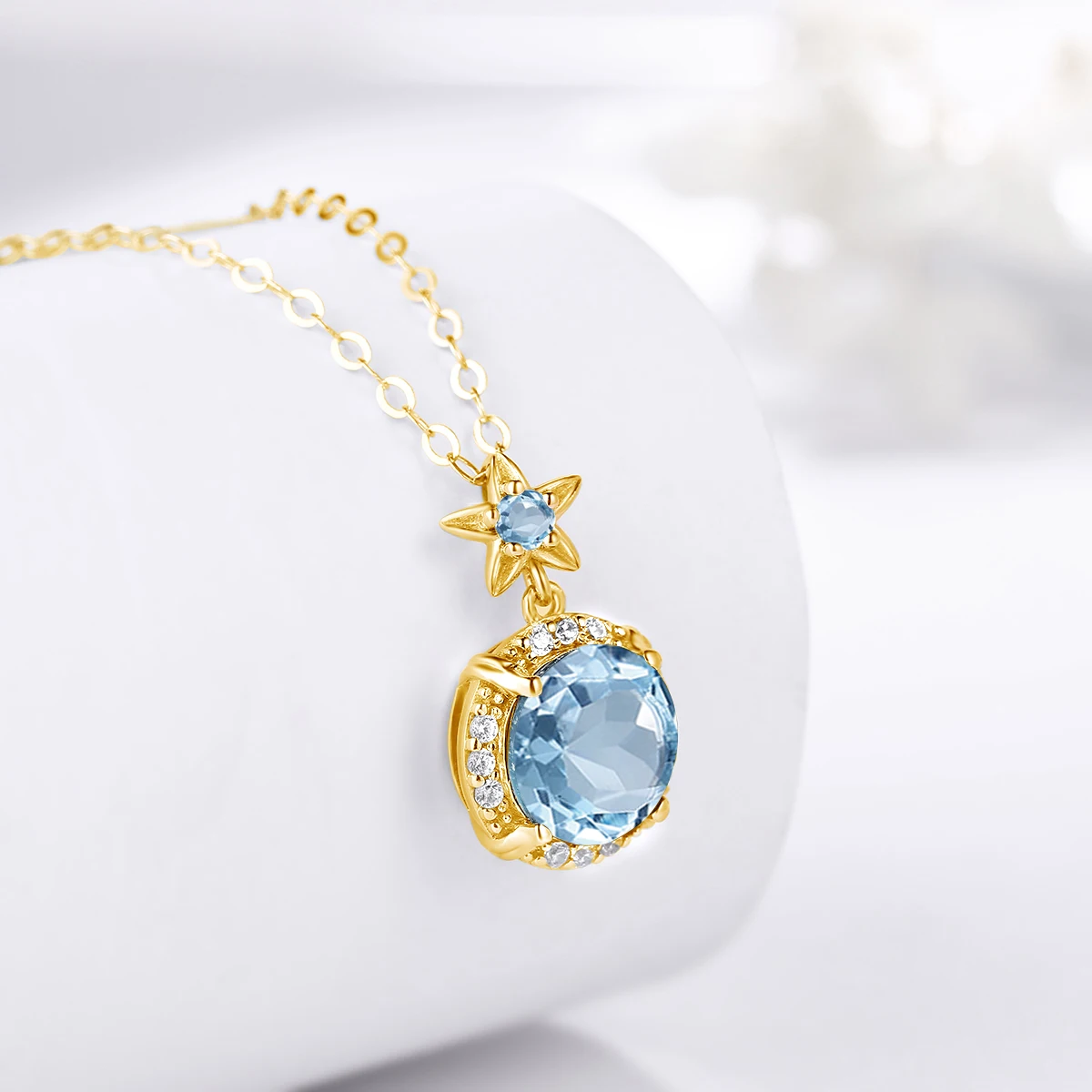

Natural Aquamarine Pendant Necklace for Women 925 Sterling Silver Gold Plated Star Design Halo Gemstone Jewelry Birthday Gifts