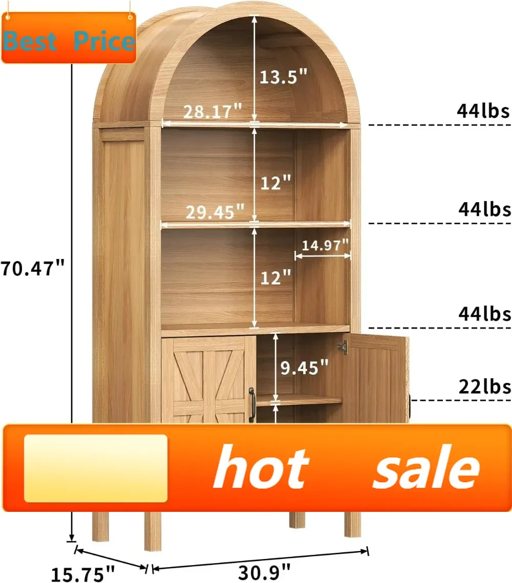 Hot sales71" Arched Storage Cabinet with Glass Doors, Modern Wooden Bookcase Pantry with Adjustable Shelves