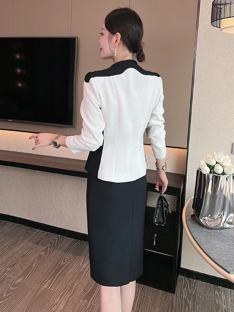 ZJYT Autumn Color Block Blazer Suit Skirt Two Piece Dress Sets Women Outfit Elegant Office Formal Conjuntos De Falda Vestidos