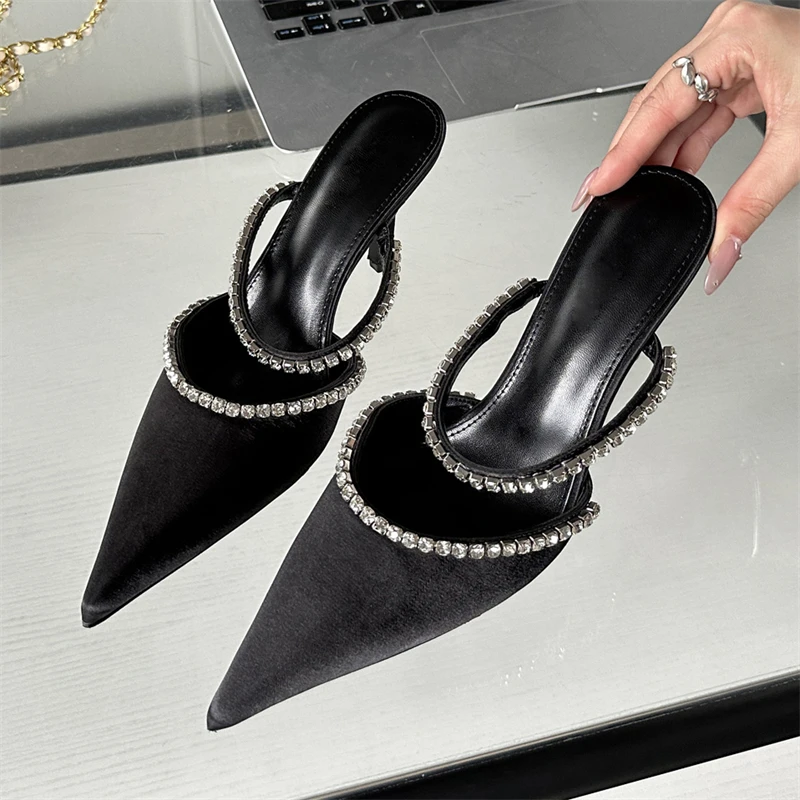 Eilyken Street Style Fashion Pointed Toe Women Slippers CRYSTAL Thin Heels Mules Slippers Party Prom Female Pumps  Shoes