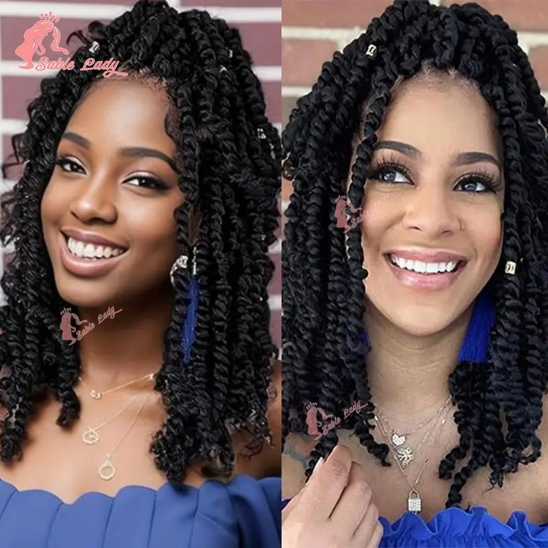 Sable Lady 12 "Synthetic Spring Twist Curly Wigs Braids Braided Wigs Bob Braid Wig Lace Front Goddess Short For Black Women