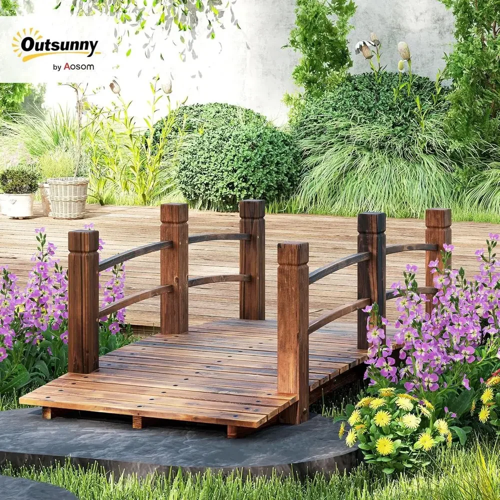 Wooden Garden Bridge with Side Rails, 60 x 26.5 x 19, Suitable for Yards and Streams