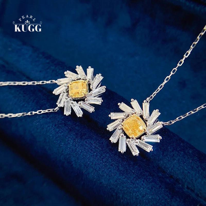 

KUGG 100% 18K White Gold Necklace Elegant Style Real Natural Yellow Diamond Pendant Necklace for Women High Wedding Jewelry