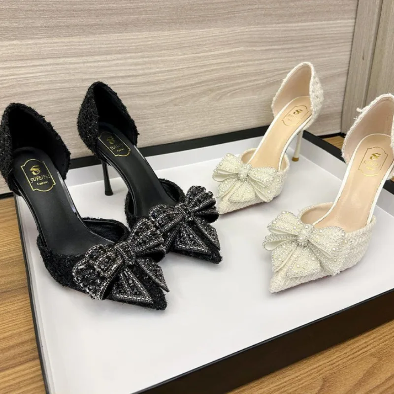 Fashion Pearl Crystal Bowtie White Wedding Shoes Women 2024 Brand Designer High Heels Pumps LadiesThin Heeled Party Shoes